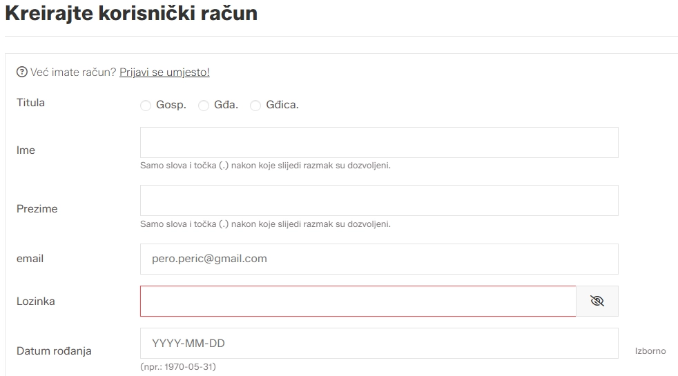 Obrazac za registraciju s poljima Ime, Prezime, E-adresa, Lozinka
